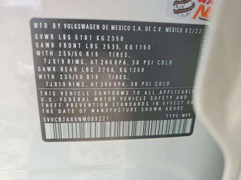 Aukcja sprzedaży 2022 Volkswagen Tiguan, vin: 3VVCB7AX5NM069221, numer aukcji: 54148166