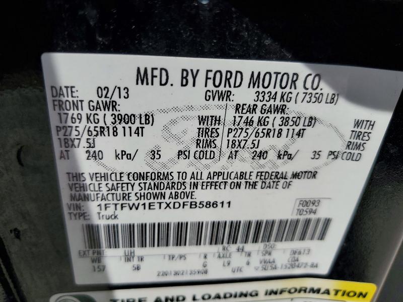 54544396 :رقم المزاد ، 1FTFW1ETXDFB58611 vin ، 2013 Ford F150 مزاد بيع