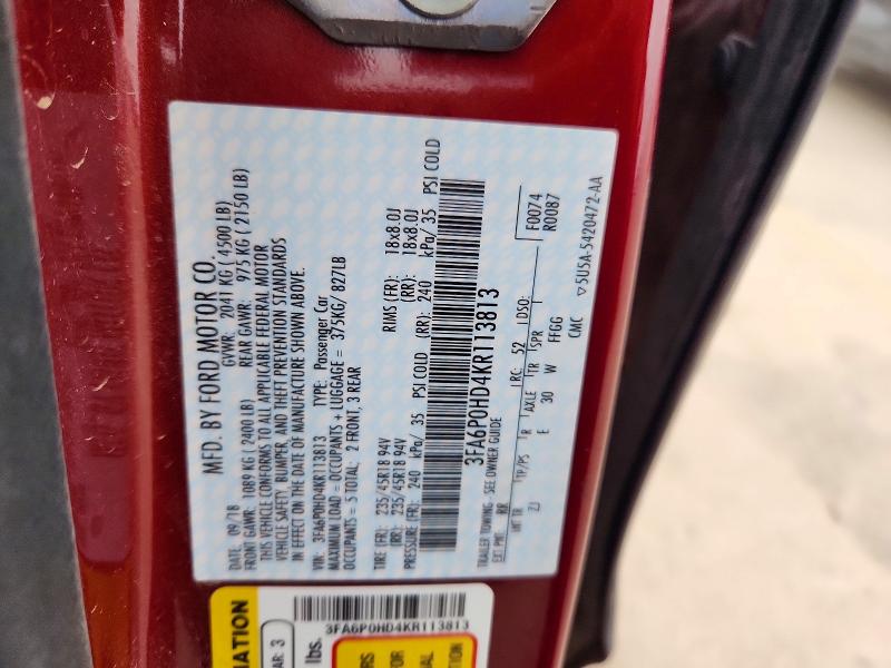 Продаж на аукціоні авто 2019 Ford Fusion, vin: 3FA6P0HD4KR113813, номер лоту: 54243056