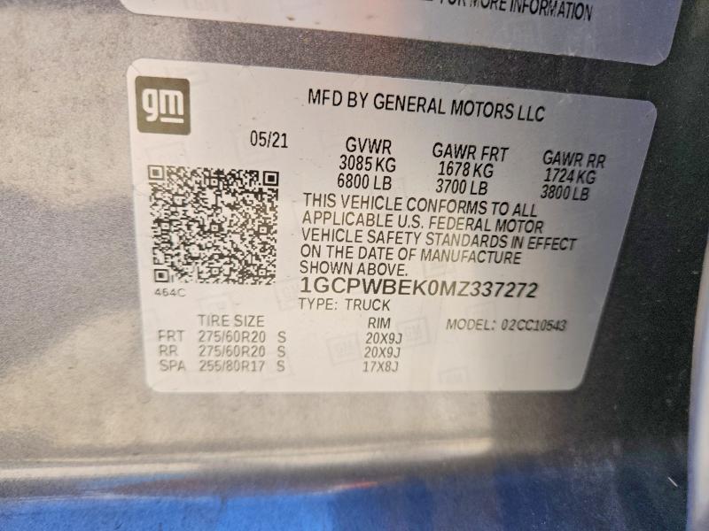 Продажа на аукционе авто 2021 Chevrolet Silverado, vin: 1GCPWBEK0MZ337272, номер лота: 51967796