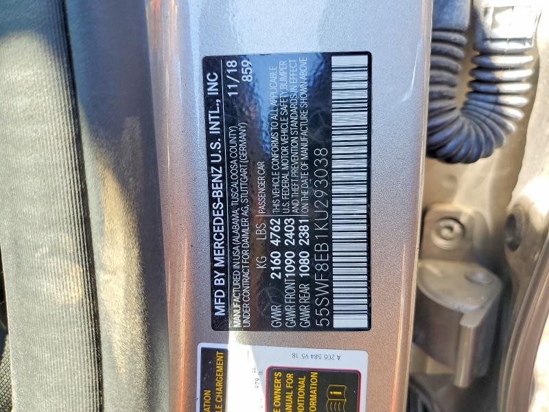 53290066 :رقم المزاد ، 55SWF8EB1KU293038 vin ، 2019 Mercedes-benz C مزاد بيع