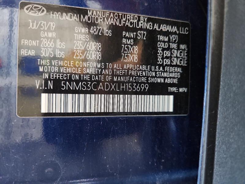 2020 Hyundai Santa Fe მანქანა იყიდება აუქციონზე, vin: 5NMS3CADXLH153699, აუქციონის ნომერი: 55144276