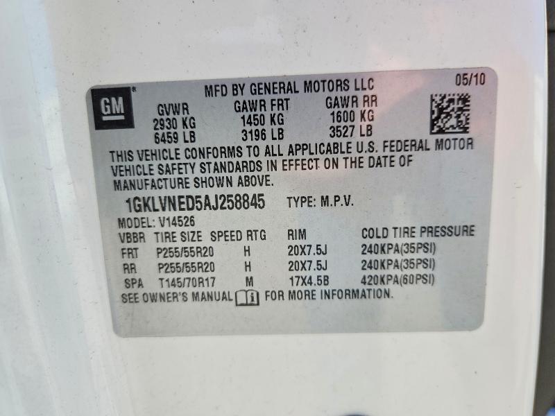 52801116 :رقم المزاد ، 1GKLVNED5AJ258845 vin ، 2010 Gmc Acadia مزاد بيع