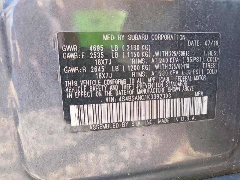 Продаж на аукціоні авто 2019 Subaru Outback, vin: 4S4BSANC1K3392303, номер лоту: 53065756