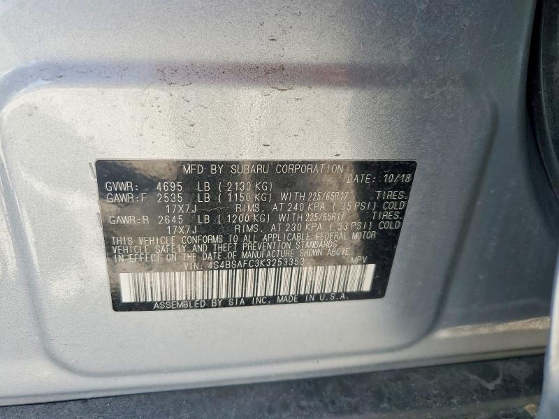 Aukcja sprzedaży 2019 Subaru Outback, vin: 4S4BSAFC3K3253353, numer aukcji: 52364216