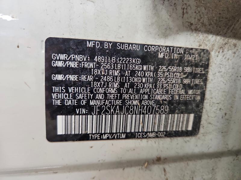 54334586 :رقم المزاد ، JF2SKAJC8NH407589 vin ، 2022 Subaru Forester مزاد بيع