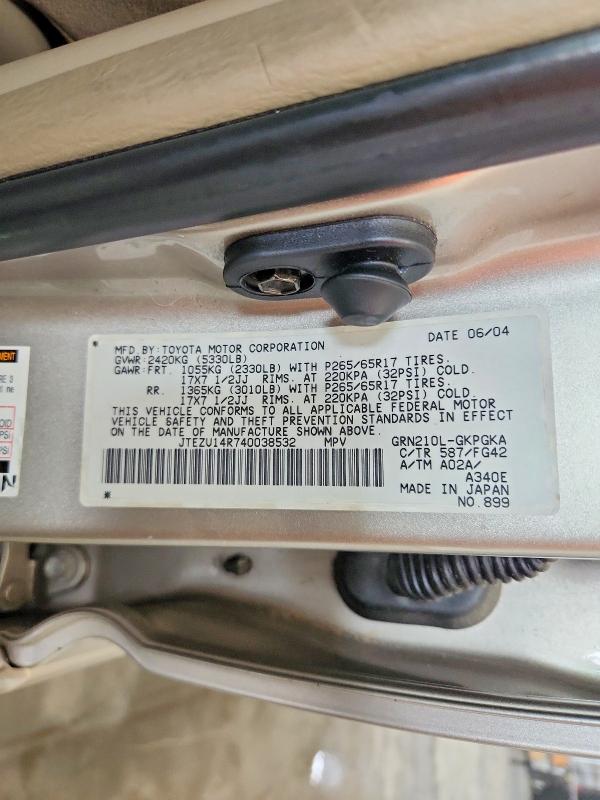 Aukcja sprzedaży 2004 Toyota 4runner, vin: JTEZU14R740038532, numer aukcji: 54323896