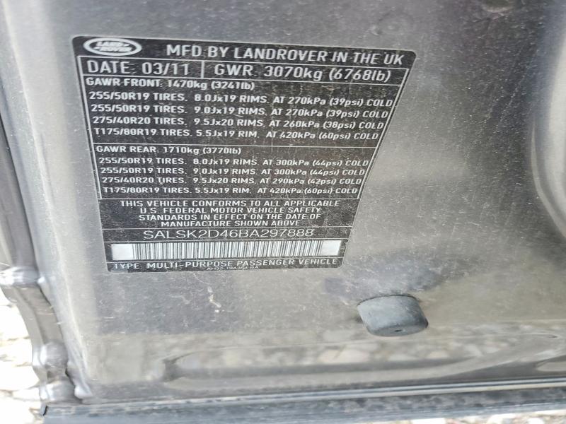 2011 Land Rover Range Rover Sport მანქანა იყიდება აუქციონზე, vin: SALSK2D46BA297888, აუქციონის ნომერი: 52267026