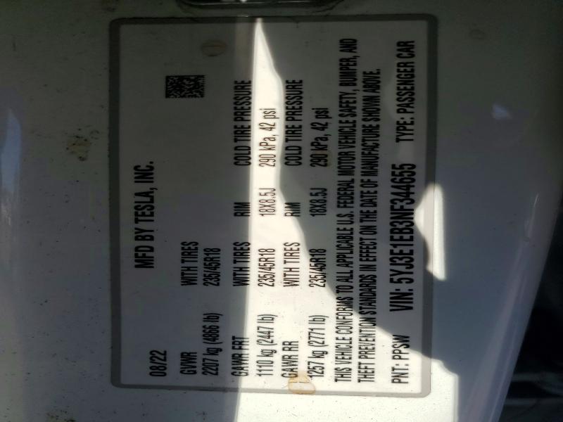 Продажа на аукционе авто 2022 Tesla Model 3, vin: 5YJ3E1EB3NF344655, номер лота: 53067236