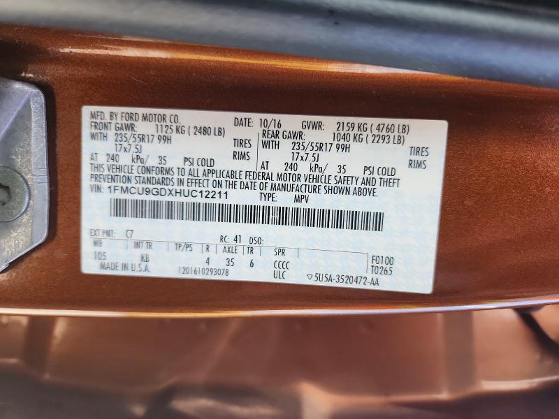 Aukcja sprzedaży 2017 Ford Escape, vin: 1FMCU9GDXHUC12211, numer aukcji: 53726586