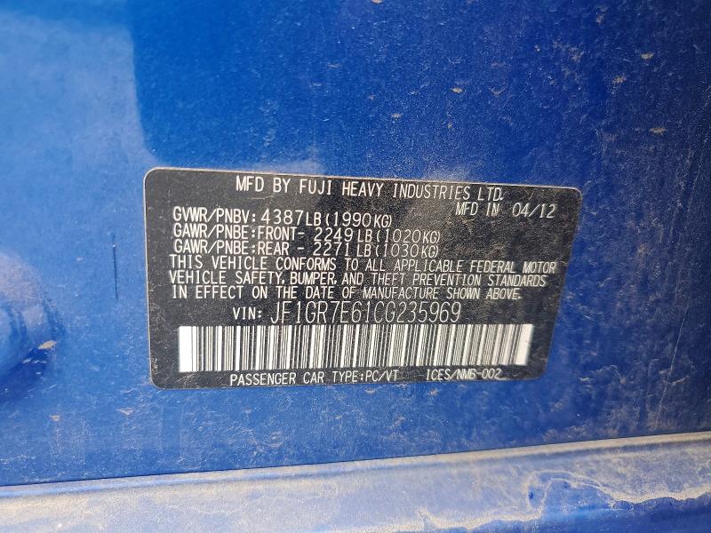 Aukcja sprzedaży 2012 Subaru Impreza, vin: JF1GR7E61CG235969, numer aukcji: 54920566