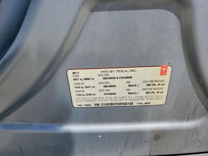2017 Tesla Model X მანქანა იყიდება აუქციონზე, vin: 5YJXCBE22HF055168, აუქციონის ნომერი: 53095826