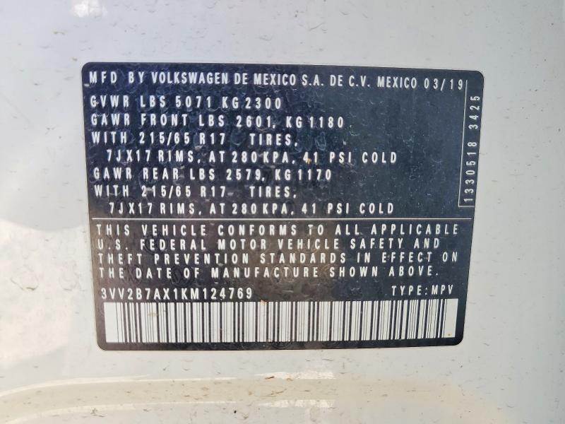 54725046 :رقم المزاد ، 3VV2B7AX1KM124769 vin ، 2019 Volkswagen Tiguan مزاد بيع