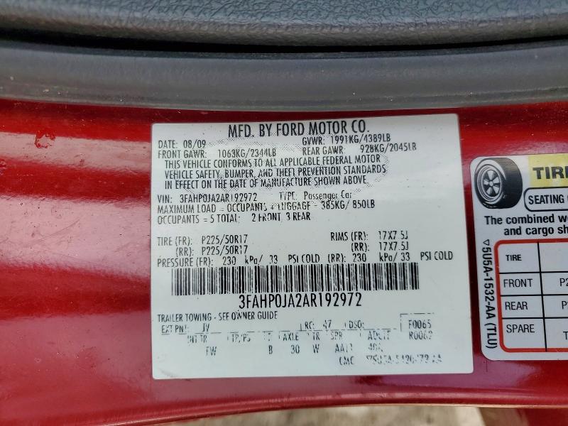 2010 Ford Fusion მანქანა იყიდება აუქციონზე, vin: 3FAHP0JA2AR192972, აუქციონის ნომერი: 52048816