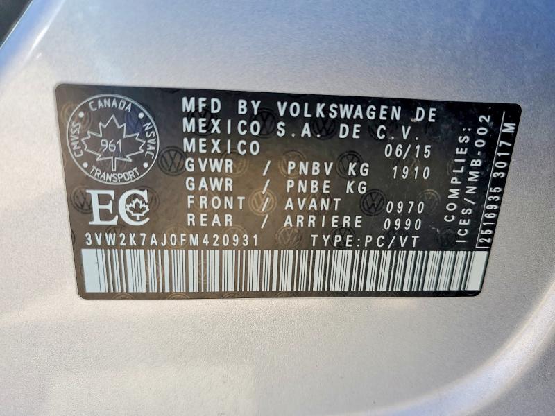 Продаж на аукціоні авто 2015 Volkswagen Jetta, vin: 3VW2K7AJ0FM420931, номер лоту: 52035336