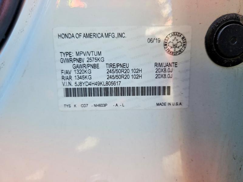 53160776 :رقم المزاد ، 5J8YD4H49KL805617 vin ، 2019 Acura Mdx مزاد بيع