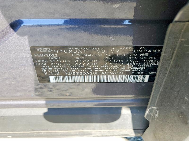 2022 Hyundai Santa Fe მანქანა იყიდება აუქციონზე, vin: KM8S6DA20NU039603, აუქციონის ნომერი: 52265926
