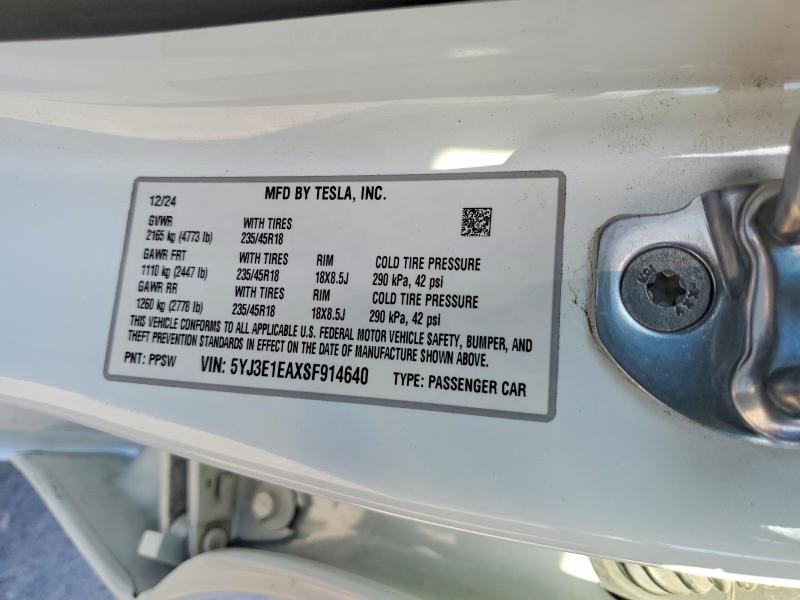 2025 Tesla Model 3 მანქანა იყიდება აუქციონზე, vin: 5YJ3E1EAXSF914640, აუქციონის ნომერი: 54529096