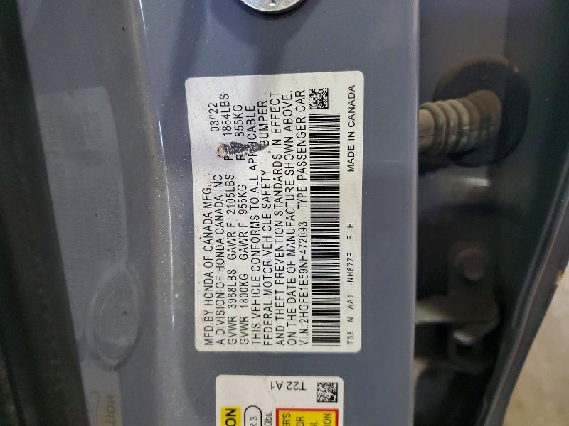 53831006 :رقم المزاد ، 2HGFE1E59NH472093 vin ، 2022 Honda Civic مزاد بيع