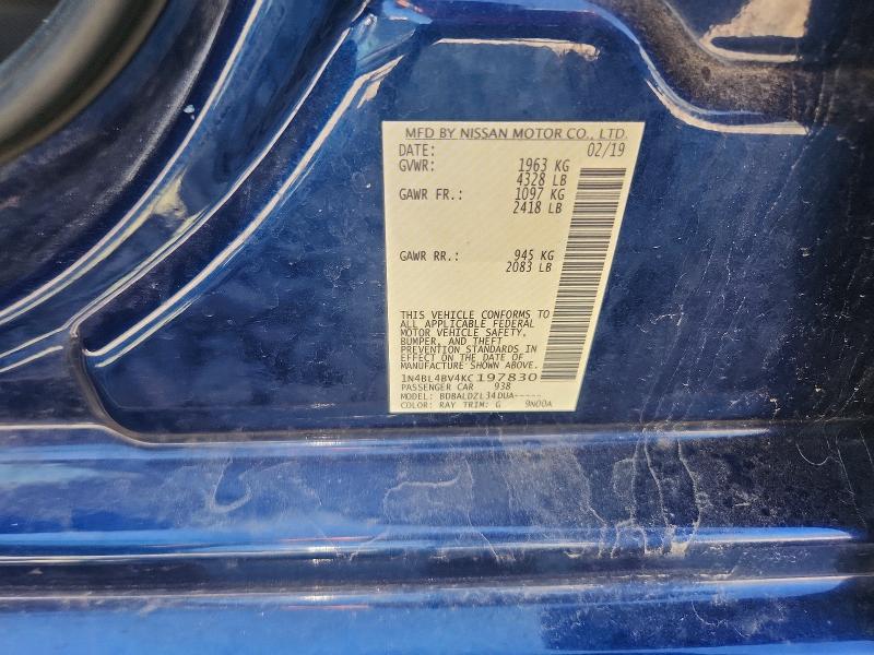 2019 Nissan Altima მანქანა იყიდება აუქციონზე, vin: 1N4BL4BV4KC197830, აუქციონის ნომერი: 53136356