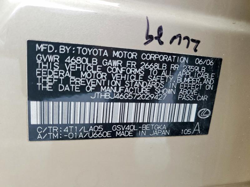 53314396 :رقم المزاد ، JTHBJ46G572029427 vin ، 2007 Lexus Es مزاد بيع