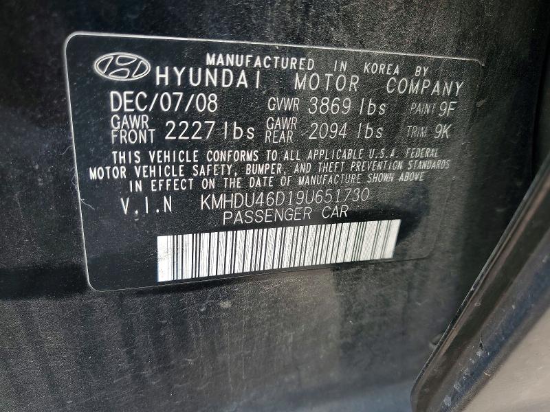 55034336 :رقم المزاد ، KMHDU46D19U651730 vin ، 2009 Hyundai Elantra مزاد بيع