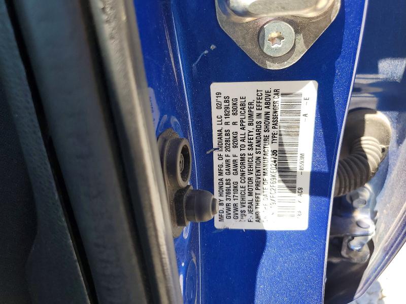 2019 Honda Civic მანქანა იყიდება აუქციონზე, vin: 19XFC2F69KE024736, აუქციონის ნომერი: 54619176