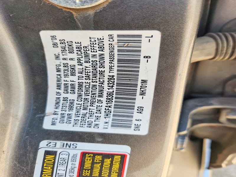 Продаж на аукціоні авто 2006 Honda Civic, vin: 1HGFA16836L143284, номер лоту: 52536316