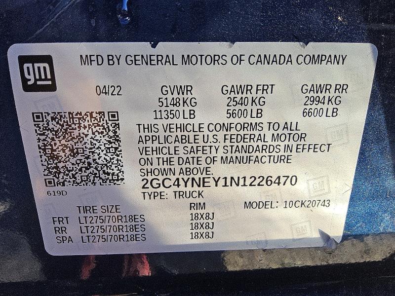 2022 Chevrolet Silverado მანქანა იყიდება აუქციონზე, vin: 2GC4YNEY1N1226470, აუქციონის ნომერი: 53211826