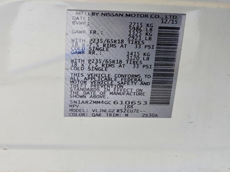 51894466 :رقم المزاد ، 5N1AR2MM4GC610653 vin ، 2016 Nissan Pathfinder مزاد بيع