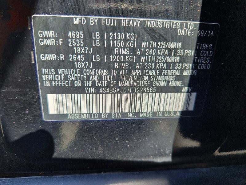 2015 Subaru Outback მანქანა იყიდება აუქციონზე, vin: 4S4BSAJC7F3228565, აუქციონის ნომერი: 54900806