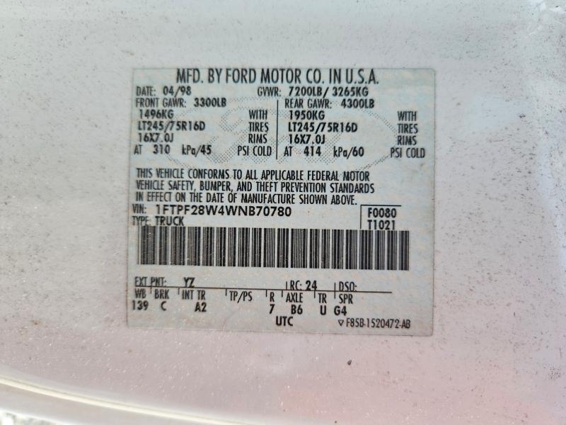 1998 Ford F250 მანქანა იყიდება აუქციონზე, vin: 1FTPF28W4WNB70780, აუქციონის ნომერი: 52504866