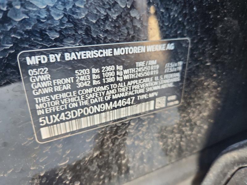 55345386 :رقم المزاد ، 5UX43DP00N9M44647 vin ، 2022 Bmw X3 مزاد بيع