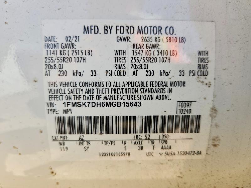 Aukcja sprzedaży 2021 Ford Explorer, vin: 1FMSK7DH6MGB15643, numer aukcji: 55431526