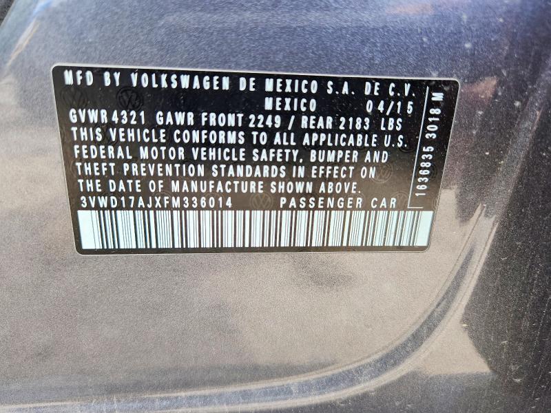2015 Volkswagen Jetta მანქანა იყიდება აუქციონზე, vin: 3VWD17AJXFM336014, აუქციონის ნომერი: 53555386