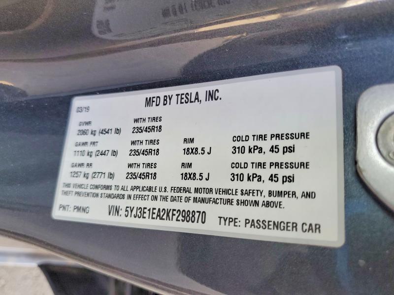 2019 Tesla Model 3 მანქანა იყიდება აუქციონზე, vin: 5YJ3E1EA2KF298870, აუქციონის ნომერი: 53596916