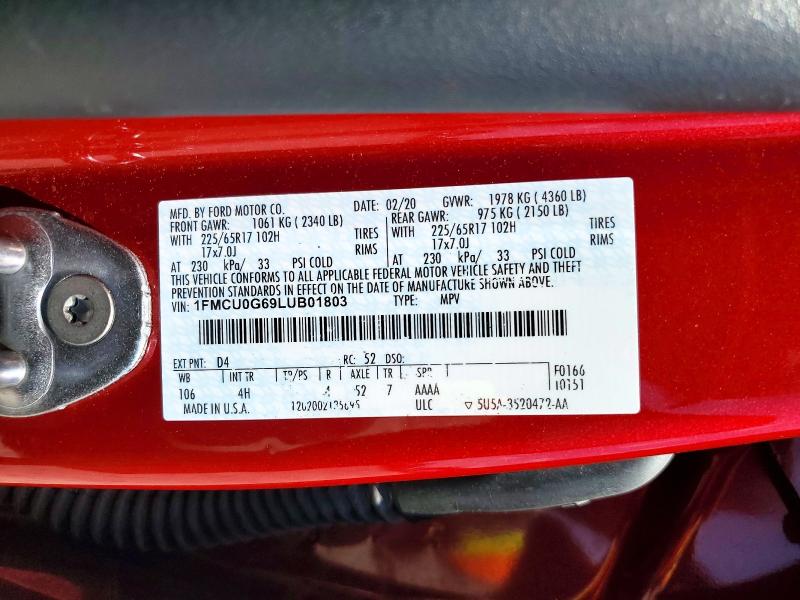Продажа на аукционе авто 2020 Ford Escape, vin: 1FMCU0G69LUB01803, номер лота: 52884056