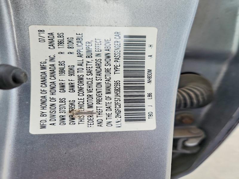 2018 Honda Civic მანქანა იყიდება აუქციონზე, vin: 2HGFC2F57JH582595, აუქციონის ნომერი: 54873886