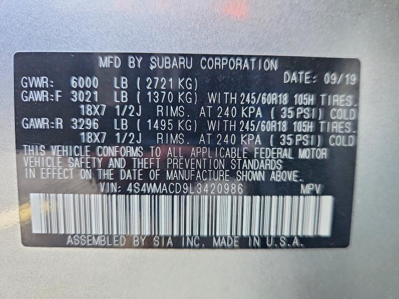 Продаж на аукціоні авто 2020 Subaru Ascent, vin: 4S4WMACD9L3420986, номер лоту: 51896976