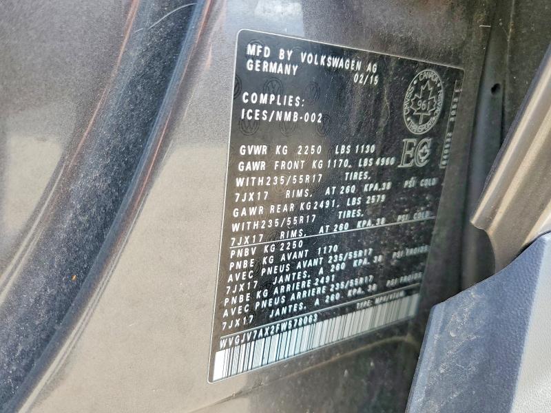 52230296 :رقم المزاد ، WVGJV7AX2FW578063 vin ، 2015 Volkswagen Tiguan مزاد بيع