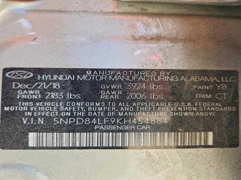 2019 Hyundai Elantra მანქანა იყიდება აუქციონზე, vin: 5NPD84LF9KH454884, აუქციონის ნომერი: 52116106