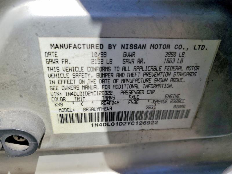 Aukcja sprzedaży 2000 Nissan Altima, vin: 1N4DL01D2YC126922, numer aukcji: 53610146