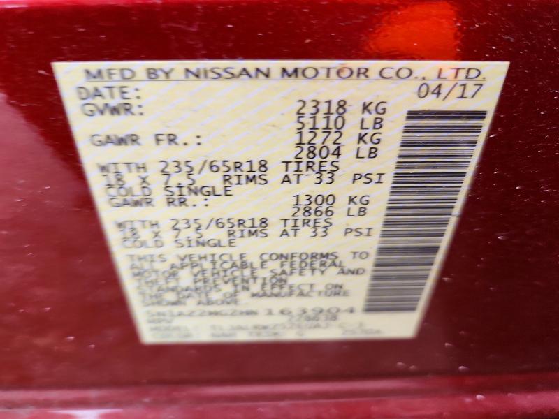 2017 Nissan Murano მანქანა იყიდება აუქციონზე, vin: 5N1AZ2MG2HN163904, აუქციონის ნომერი: 55552836