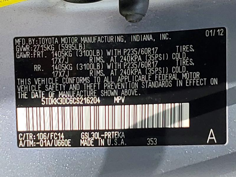 Продаж на аукціоні авто 2012 Toyota Sienna, vin: 5TDKK3DC6CS216204, номер лоту: 54693266
