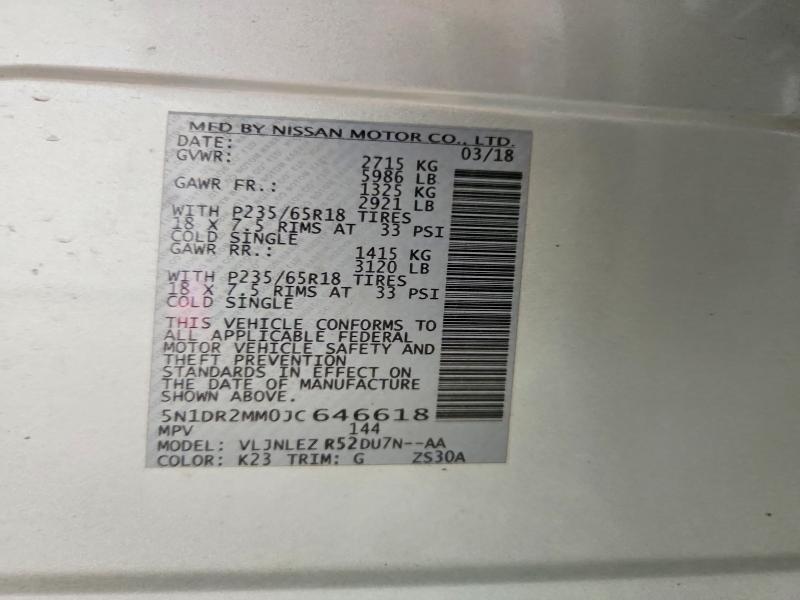 2018 Nissan Pathfinder მანქანა იყიდება აუქციონზე, vin: 5N1DR2MM0JC646618, აუქციონის ნომერი: 54550466