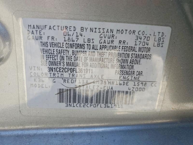 52853556 :رقم المزاد ، 3N1CE2CP0FL361911 vin ، 2015 Nissan Versa Note مزاد بيع