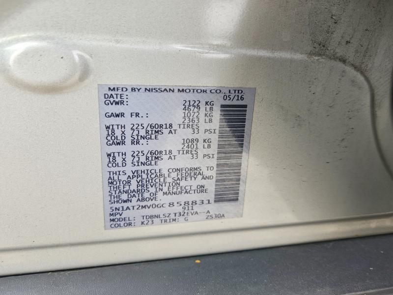 53519736 :رقم المزاد ، 5N1AT2MV0GC858831 vin ، 2016 Nissan Rogue مزاد بيع