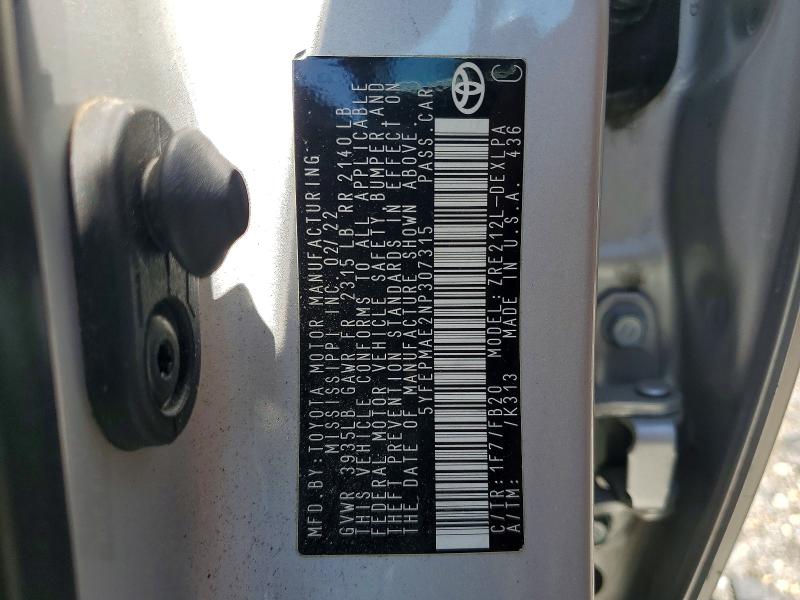 Aukcja sprzedaży 2022 Toyota Corolla, vin: 5YFEPMAE2NP307315, numer aukcji: 54149076
