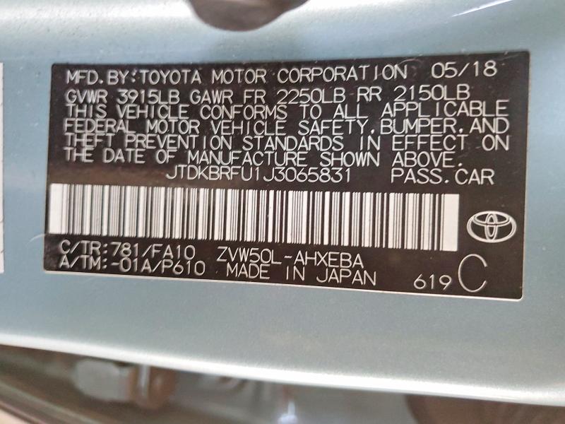 54725996 :رقم المزاد ، JTDKBRFU1J3065831 vin ، 2018 Toyota Prius مزاد بيع