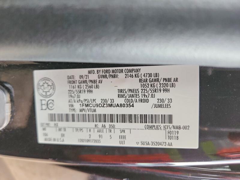 52289956 :رقم المزاد ، 1FMCU9DZ3MUA80354 vin ، 2021 Ford Escape مزاد بيع